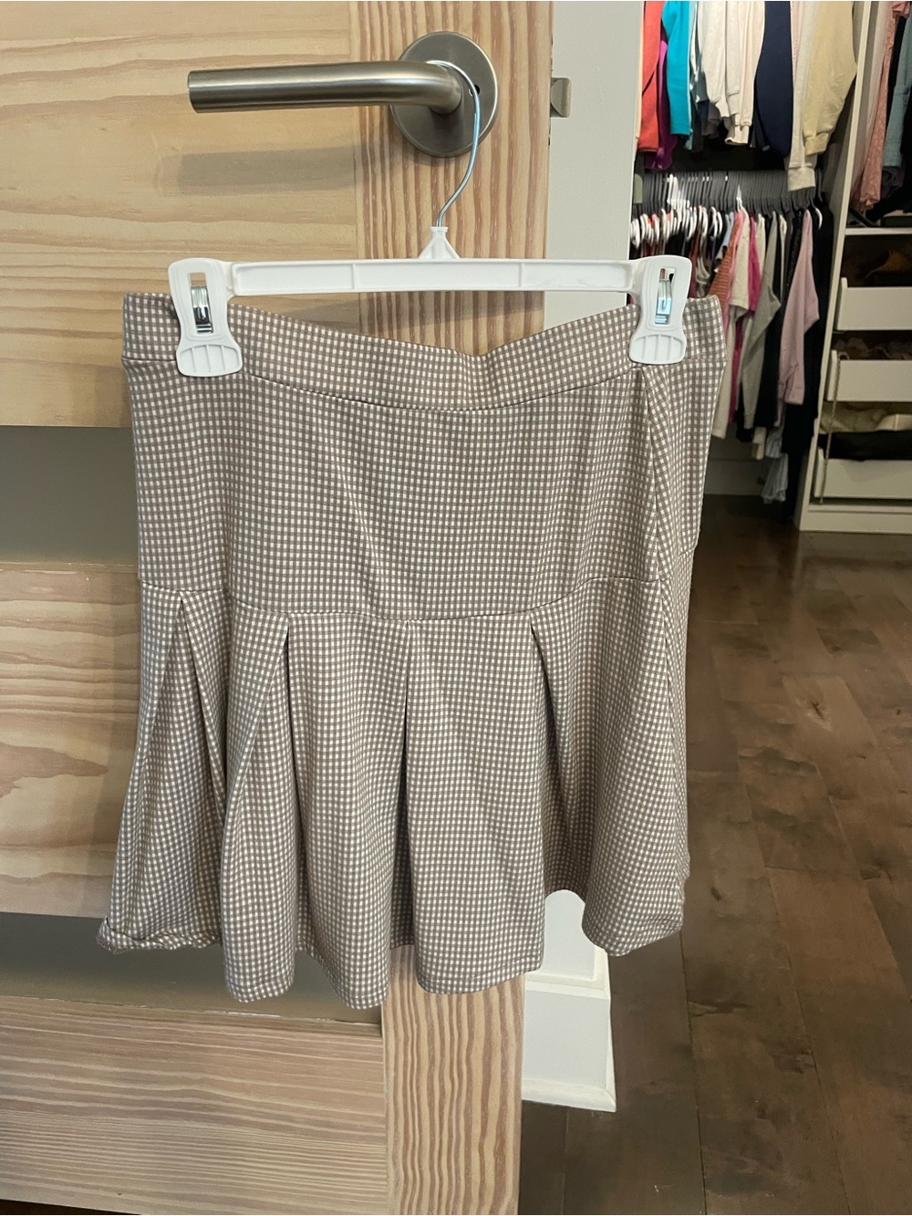 Beige Plaid Pleated A-Line Skirt - medium
